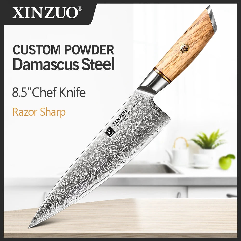 XINZUO Damascus Steel Knife with Olive Wood Handle
