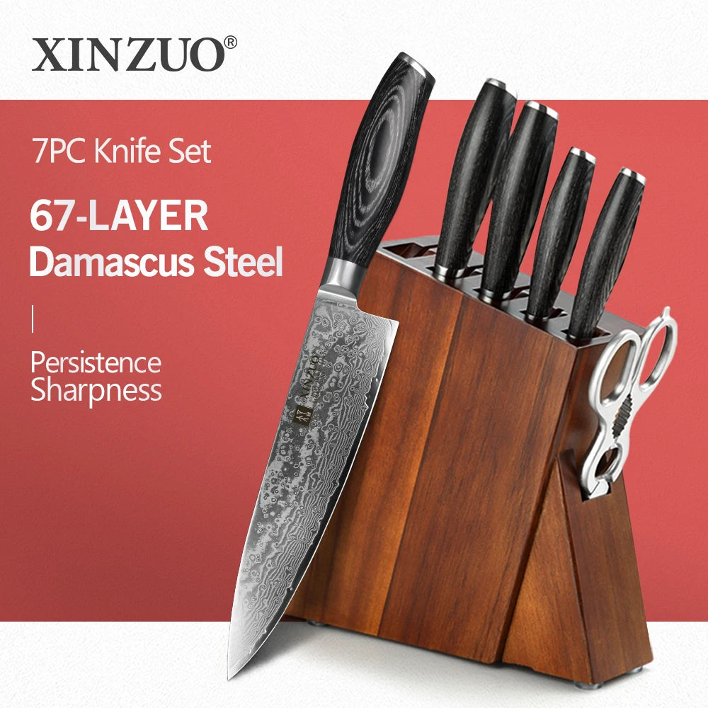 XINZUO New Kitchen Knife Set 7 Pieces Knives Set Scissors with Wooden Block