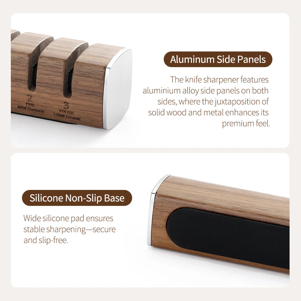 XINZUO 3-IN-1 Knife Sharpener Diamond & Ceramic System Ash/Walnut Wood Sharpening