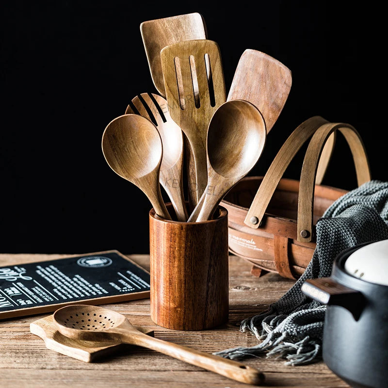 9 Piece Teak Wooden Cooking Utensil set with Holder