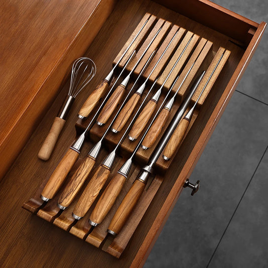 XINZUO 11 Slots In-drawer Knife Tray Acacia Wood For 10 pcs Knives