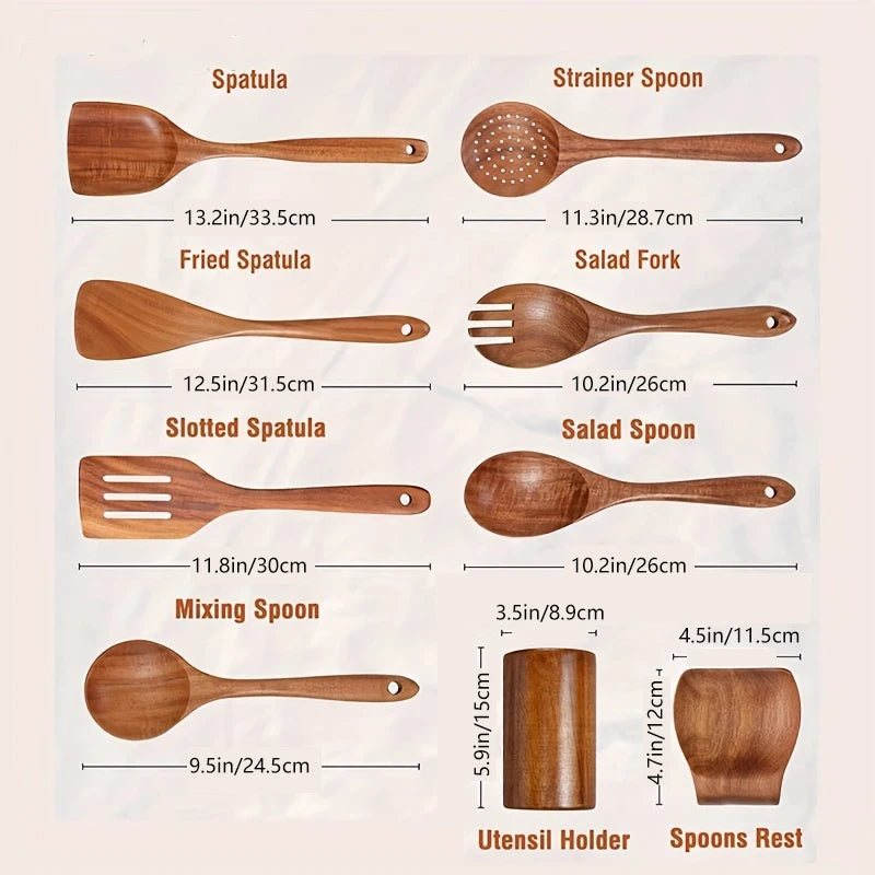 9 Piece Teak Wooden Cooking Utensil set with Holder
