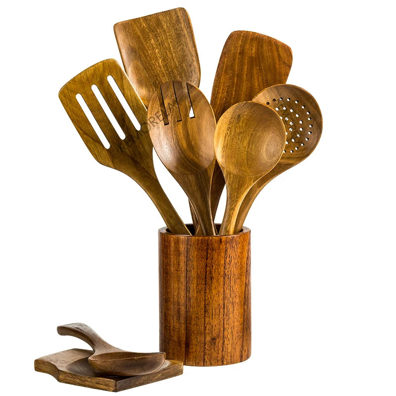 9 Piece Teak Wooden Cooking Utensil set with Holder