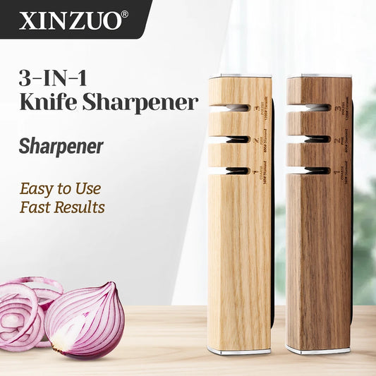 XINZUO 3-IN-1 Knife Sharpener Diamond & Ceramic System Ash/Walnut Wood Sharpening