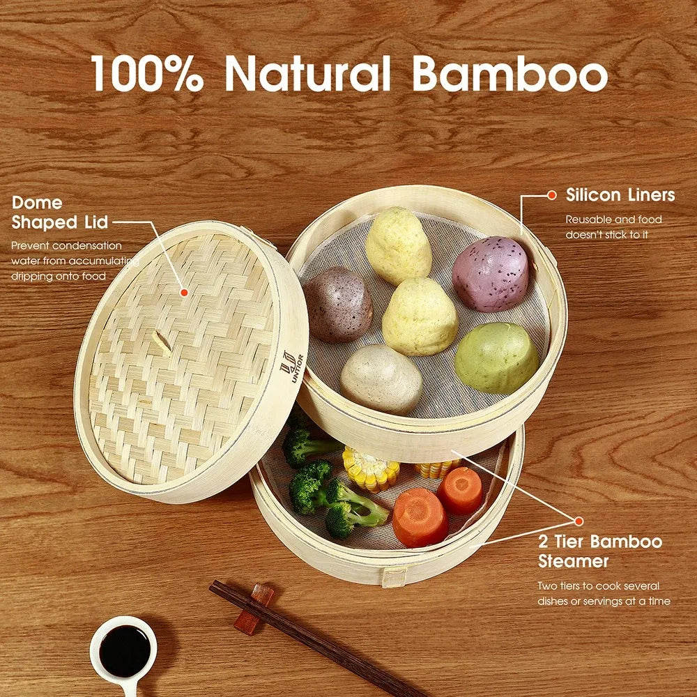 Bamboo Steamer Basket with Lid Dumpling & Vegetable Steamer