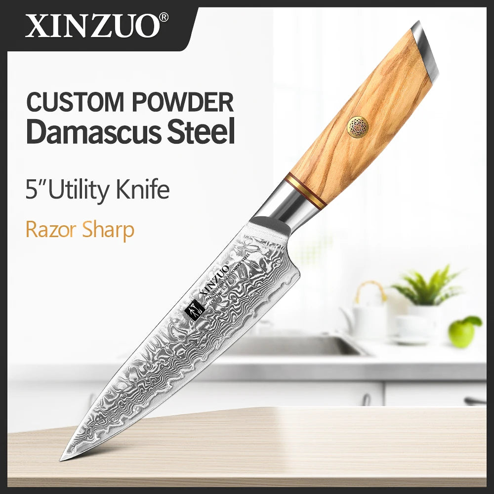 XINZUO Damascus Steel Knife with Olive Wood Handle