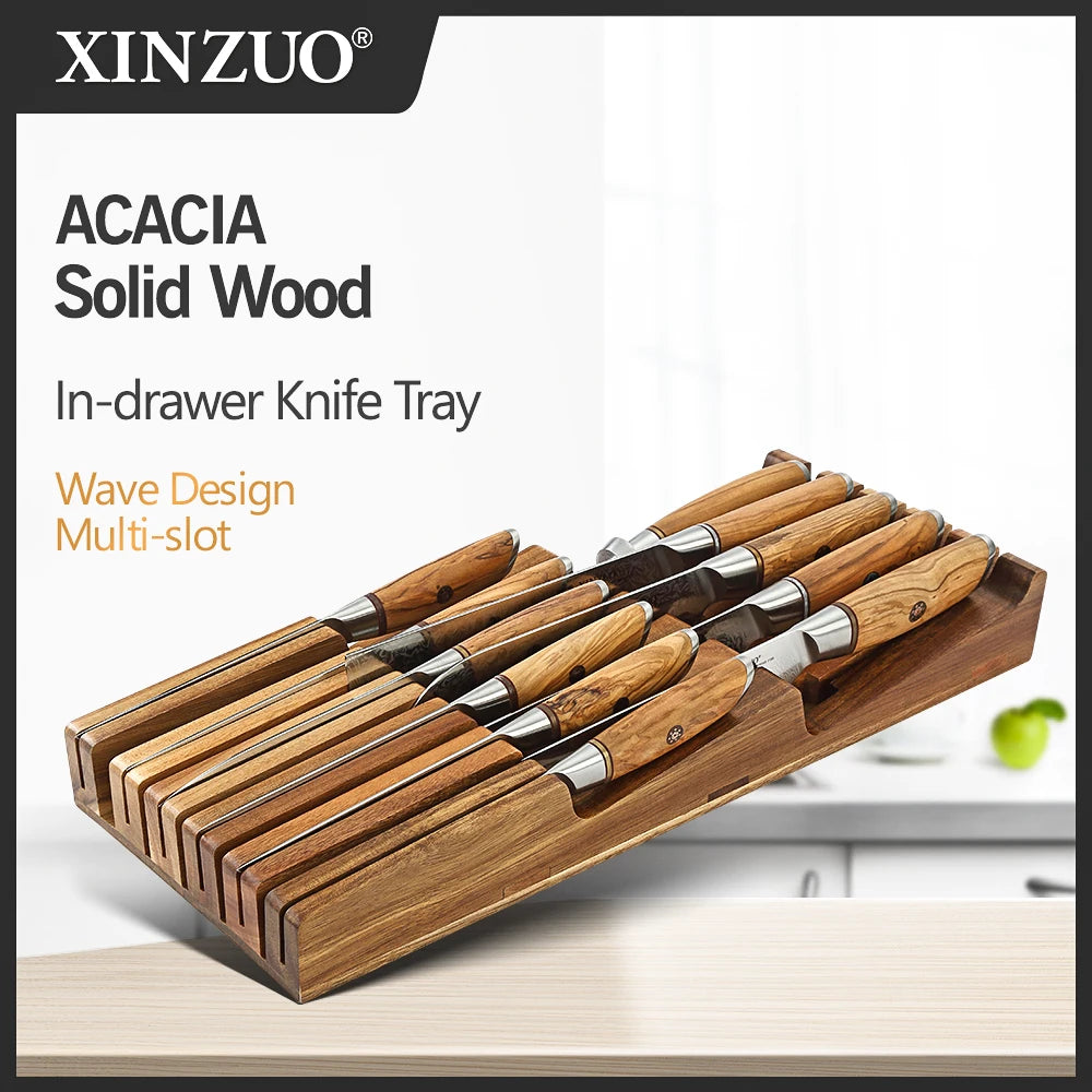 XINZUO 11 Slots In-drawer Knife Tray Acacia Wood For 10 pcs Knives