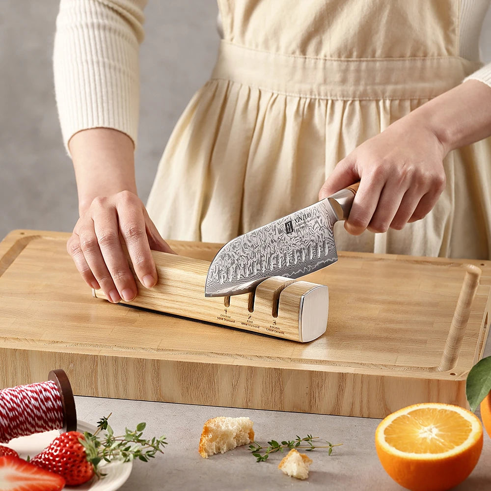 XINZUO 3-IN-1 Knife Sharpener Diamond & Ceramic System Ash/Walnut Wood Sharpening