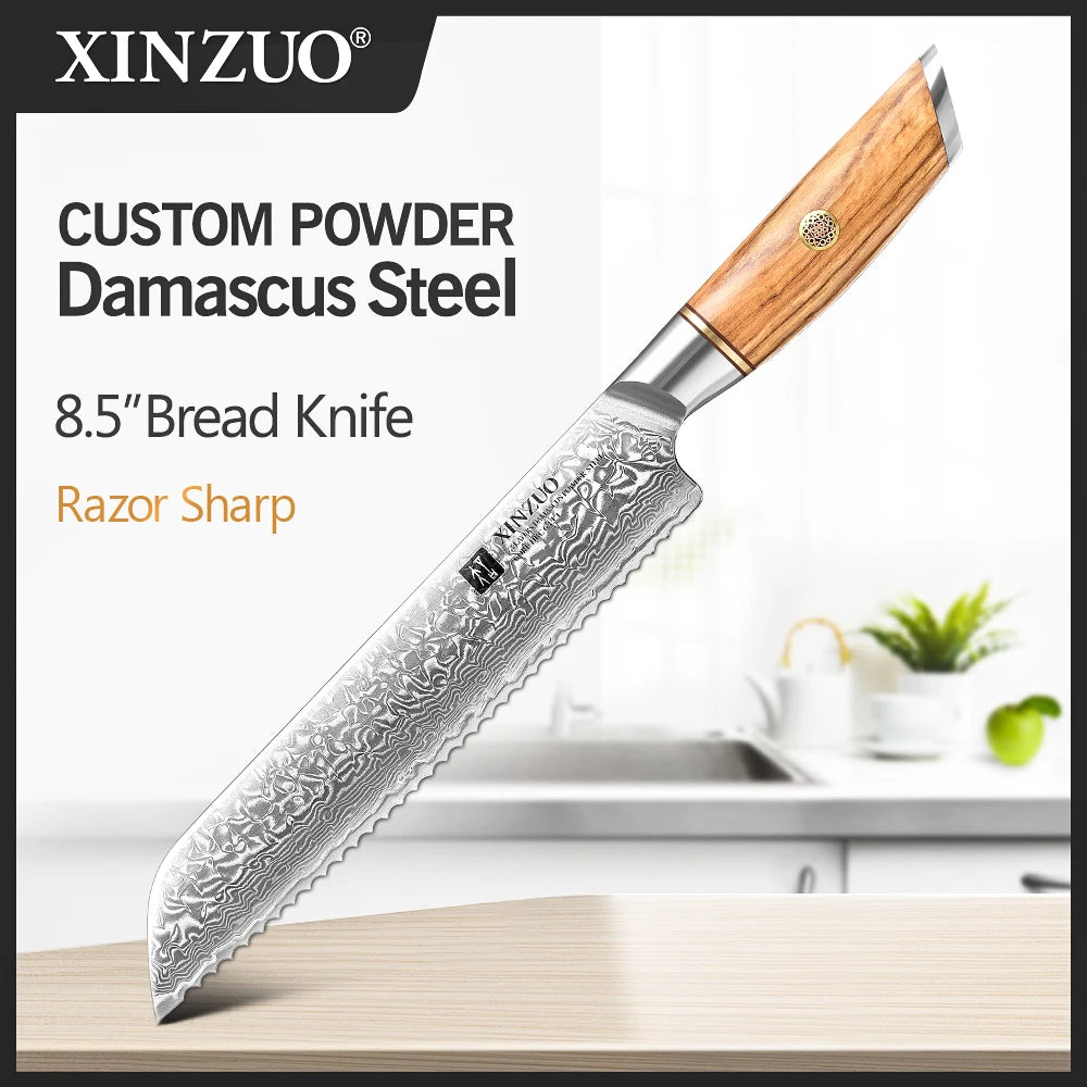 XINZUO Damascus Steel Knife with Olive Wood Handle