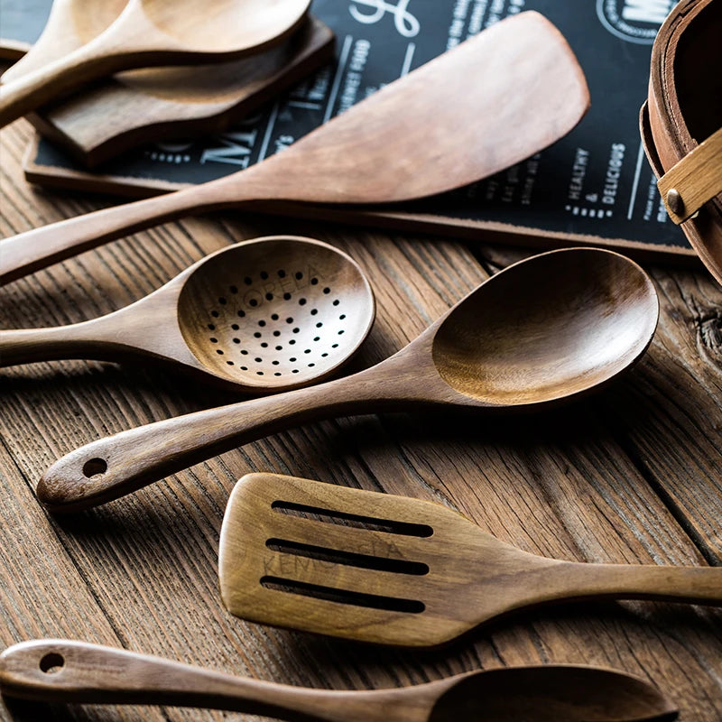 9 Piece Teak Wooden Cooking Utensil set with Holder