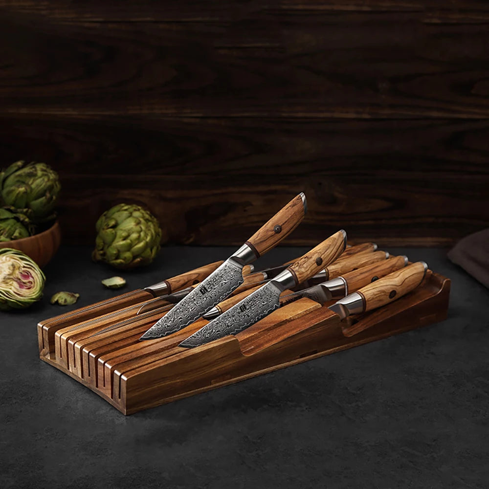 XINZUO 11 Slots In-drawer Knife Tray Acacia Wood For 10 pcs Knives