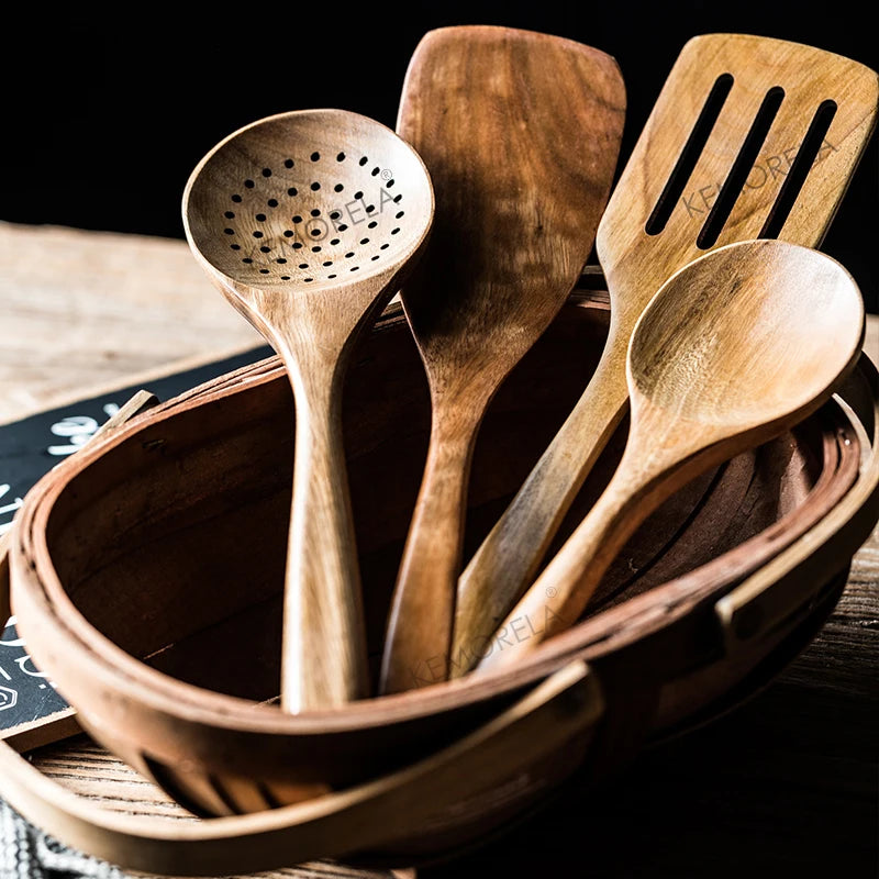9 Piece Teak Wooden Cooking Utensil set with Holder