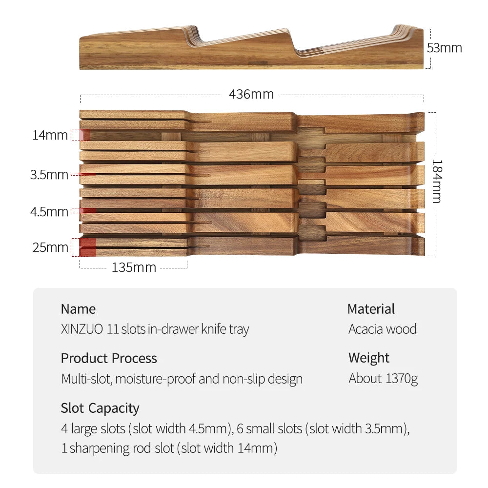 XINZUO 11 Slots In-drawer Knife Tray Acacia Wood For 10 pcs Knives