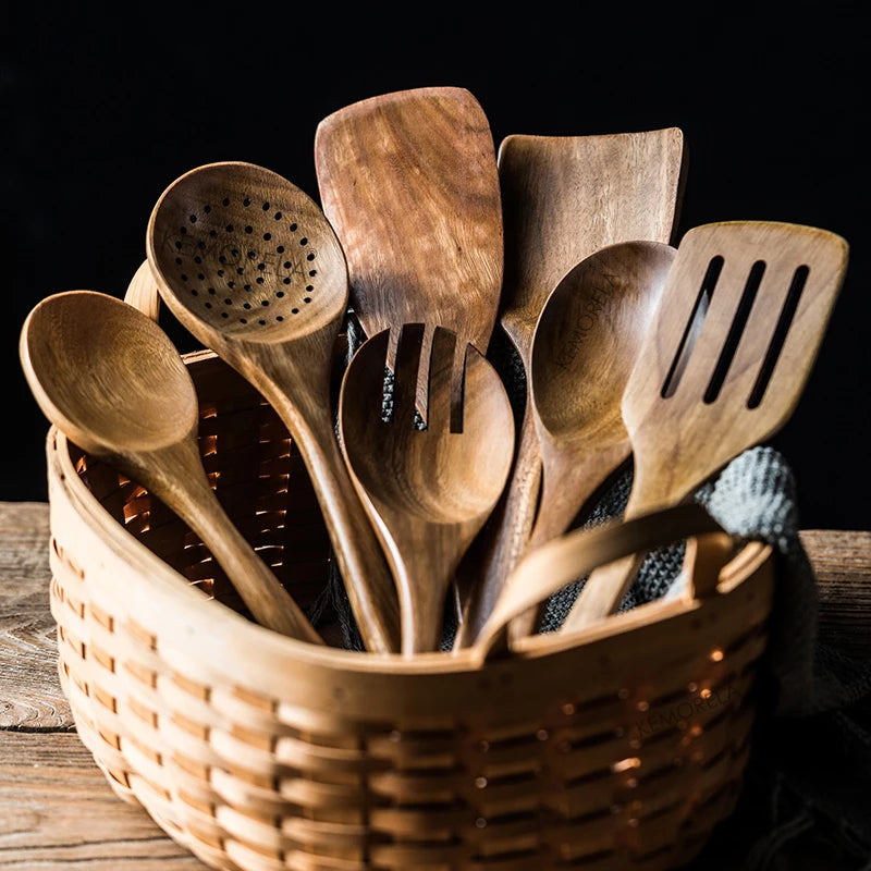 9 Piece Teak Wooden Cooking Utensil set with Holder