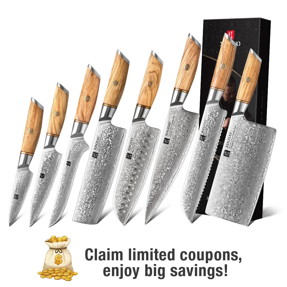XINZUO Damascus Steel Knife with Olive Wood Handle